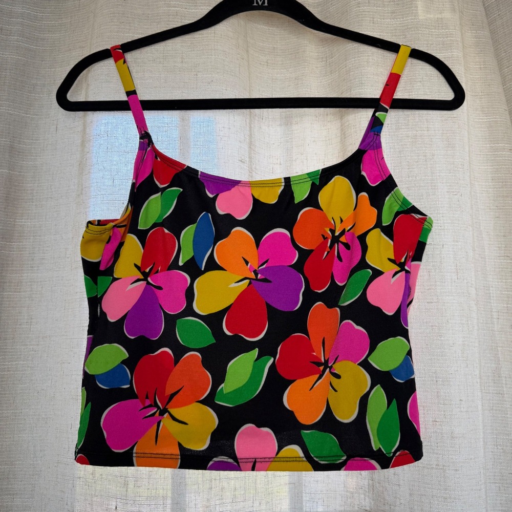 90s Vintage Catalina Swim Top Floral Neon Rainbow Tankini Pool Women's Size M